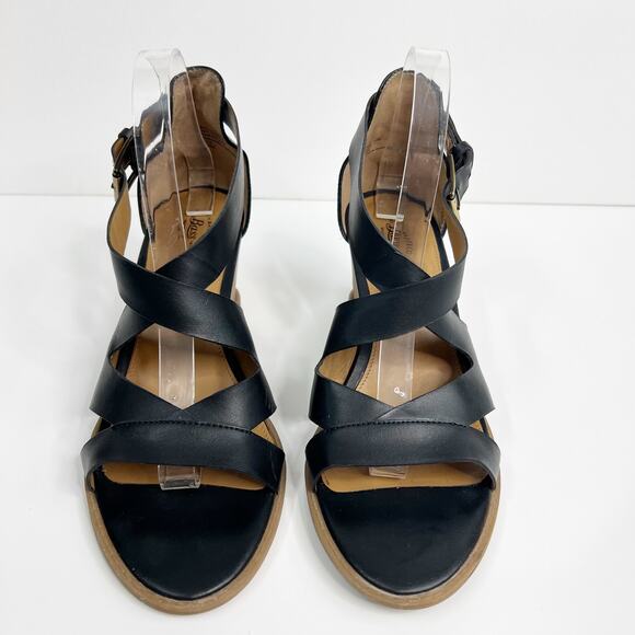 GH Bass & Co Womens 10 Black Leather‎ Crisscross Strap Wedge Heel Renae Sandals - Picture 2 of 12